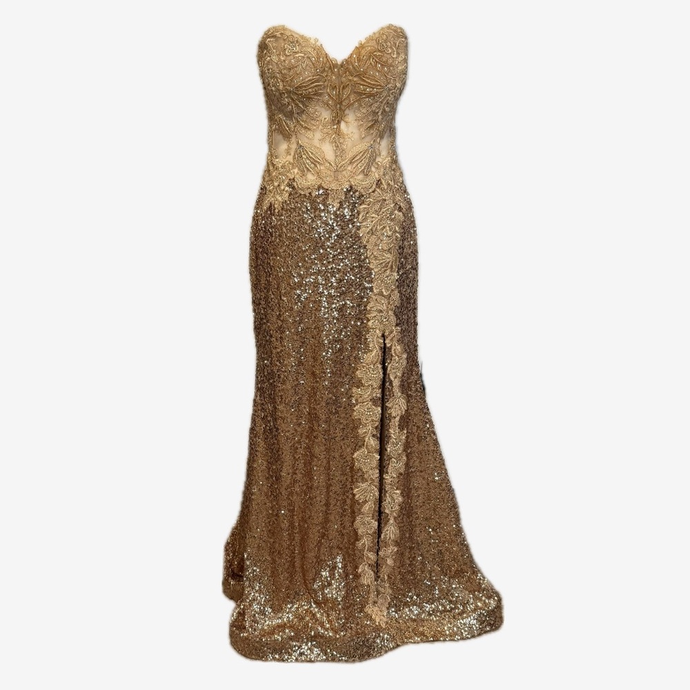 Colette by Daphne, Gold Lace and Sequence with Shear Bodice/ High Slit, Size  10 - Picture 4 of 17